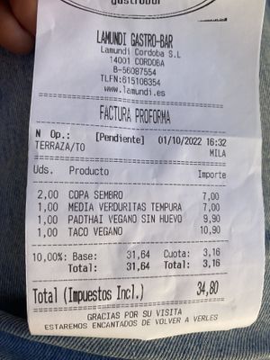 Receipt  at LaMundi in Cordoba