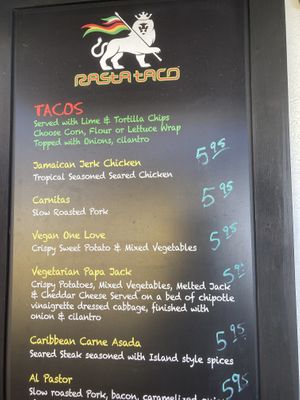 Taco menu  at Rasta Taco in Laguna Beach