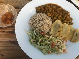 The main course and desert that came with the menu of the day at Govinda's in Santa Marta