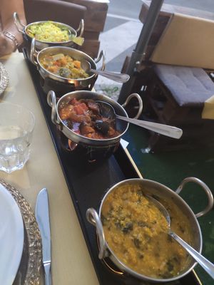 Dahl, rice with veggies, aubergines, stewed veggies at Serendib in Milan