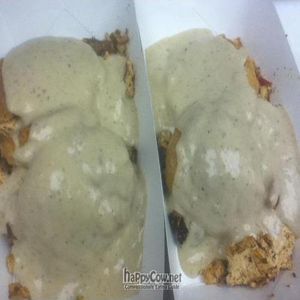 blackened tofu scramble
with home made vegan andouille sausage with biscuit and gravy on top at O! Vegasm in New Orleans