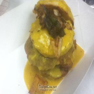 vegan benedict
grilled tofu,home made vegan maple sausage, fried green tomato on a biscuit with hollandaise and potato hash at O! Vegasm in New Orleans