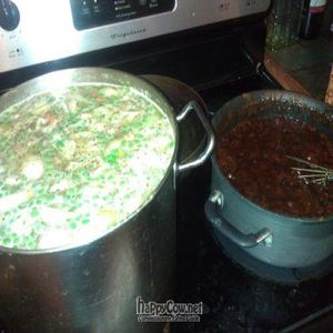 vegan chic n and dumplings, and pecan praline sauce rolling beside it at O! Vegasm in New Orleans