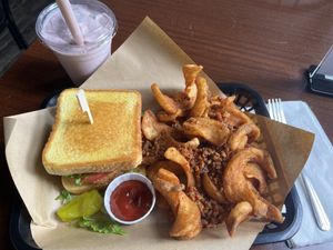 Vegan chicken burger with fries and strawberry shake   at Gnarlys - Swan Dive in Portland