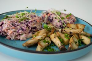 Coleslaw salad with king oyster mushrooms at GreenAware in Timisoara