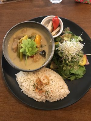 Fried tofu, vegetables, green coconut curry lunch  at Kiranah Spice in Kyoto