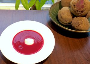 Vegan Roasted Beet Potage Soup with Melted Rice. at Kappo Sora in Osaka
