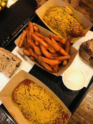 Currywurst with bread, sweet potato fries and vegan mayo  at My Currywurst in Stuttgart