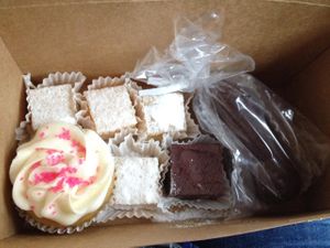 my box of goodies: vanilla strawberry cupcake, lemon squares, fudge square, Vinkie at No Udder Desserts in Woodland Hills