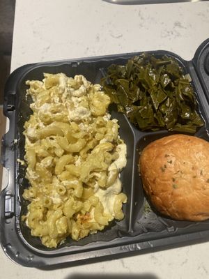 Mac, greens, dinner roll  at BDG's Ghicken Vegan - Cloud Kitchen in Washington