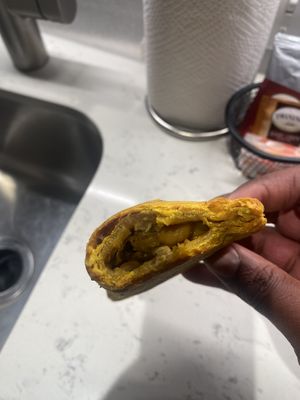 Inside of Jamaican chickpea patty  at BDG's Ghicken Vegan - Cloud Kitchen in Washington