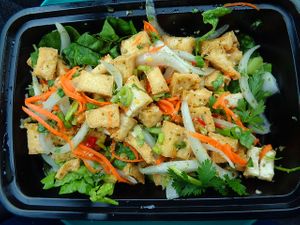 Larb Tofu from vegan menu, medium spice level, to go. Fried tofu cubes, lettuce, onions, carrots, lime juice, cilantro, chili. Came with white sticky rice. I am a fairly hearty eater and found it to be filling, even after giving the onions away, lol. at Sand Pebbles in Aurora