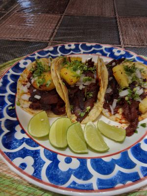 Taquitos de pastor de berenjenas  at Semilla Verde Cocina Saludable in Queretaro