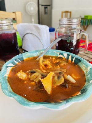 Pozole and Agua of the day  at 100% Vegana Taqueria in Puerto Vallarta