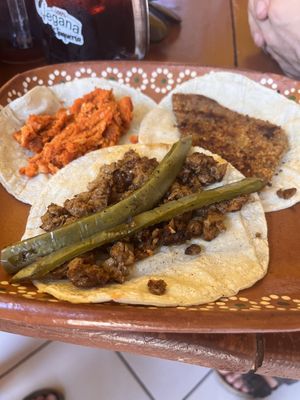 Chorizo, Milanesa and Asada tacos, before toppings    at 100% Vegana Taqueria in Puerto Vallarta