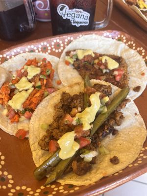 Chorizo, Milanesa and Asada tacos, with toppings    at 100% Vegana Taqueria in Puerto Vallarta