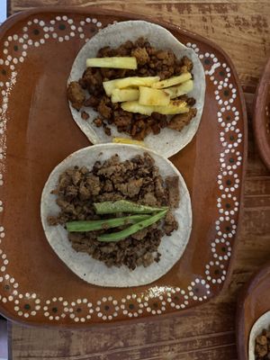 arriba/above: taco al pastor, debajo/below: taco de asada  at 100% Vegana Taqueria in Puerto Vallarta