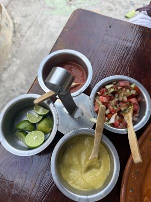 Salsas for the tacos  at 100% Vegana Taqueria in Puerto Vallarta
