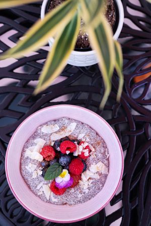 Chia pudding bowl made with coconut milk and topped with organic berries at Elixir De La Lune in La Jolla