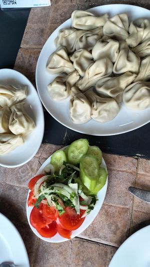 Mushroom and potato khinkali plus tomato and cucumber salad #Veganuary at El-Depo in Kutaisi