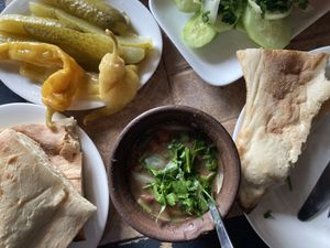Lobio with pickled veggies, salad and bread  at El-Depo in Kutaisi