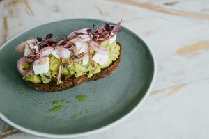 Crushed avo & vegan feta on toasted sourdough  at Shiva Cafe in Newquay