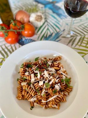Vegan bolognese fussili at Terralab in La Cabrera