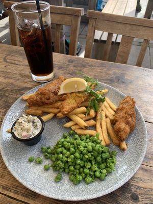 Vegan fish and chips   at The Lyme Bay Cafe and Bar in Lyme Regis