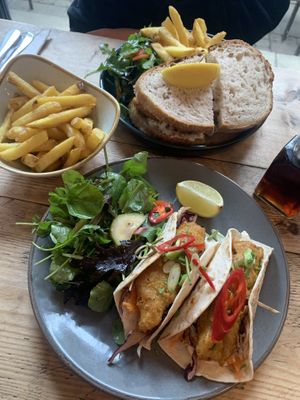 Vegan fish tacos and vegan fish sandwich on sourdough   at The Lyme Bay Cafe and Bar in Lyme Regis
