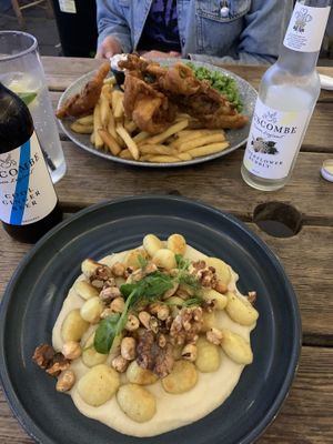 Gnocchi with roasted nuts and cauliflower base and vegan fish and chips    at The Lyme Bay Cafe and Bar in Lyme Regis