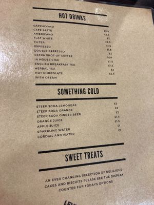 Drinks menu at Levenshulme Inspire Café in Manchester
