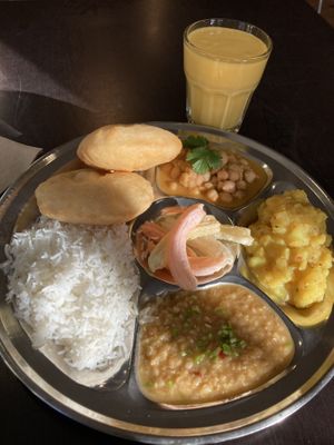 Vegan Thali special, including vegan mango lassi (£6) #Veganuary at Levenshulme Inspire Café in Manchester