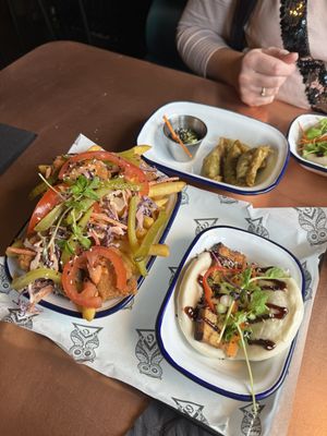 Vegetable gyoza with hoisin dip. Marinated bao bun. Fried jackfruit loaded friess  at The Owl in Hartlepool