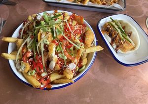 Tofu gochujang loaded fries and five spice tofu bao  at The Owl in Hartlepool