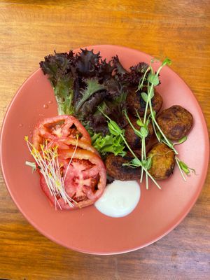 Falafel -note that it's a sweet version, made of plátanos and oats-. at Elysium Cafe & Bar in Tulum