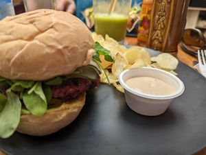 House made vegan burger with cashew cheese at Mahalo Snack Shack in Panama City