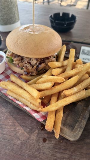 Pulled jackfruit burger with fries  at Matso's Broome Brewery in Broome