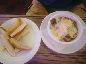 Vegetarian starter- bread sticks and mushrooms with cheese at Casa Vittoria in Campeche