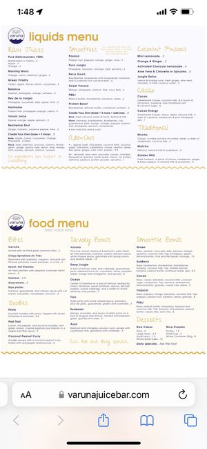Incredible menu!!  at Varuna Plant-Based Food & Juice Bar in Manuel Antonio