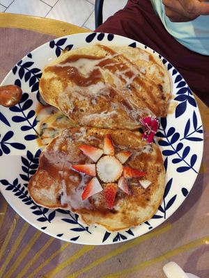 Coconut pancakes 9 USD at Varuna Plant-Based Food & Juice Bar in Manuel Antonio