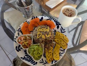 Local breakfast and chai latte at Varuna Plant-Based Food & Juice Bar in Manuel Antonio