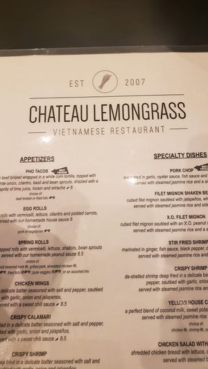 Menu at Chateau Lemongrass in Los Angeles