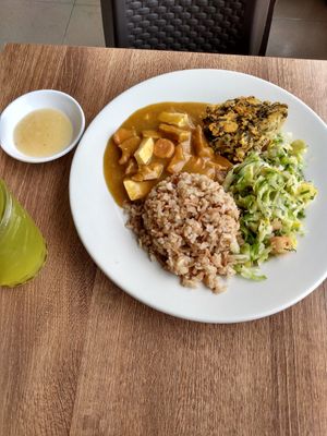 Mock meat, salad, rice, veggie souffle at Zucchini in Tunja