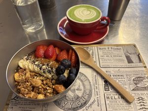 Acai Bowl and Oat Matcha  at Garage Coffee in Barcelona