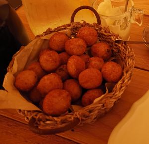 Starter 3/4: Polpette di miglio (Millet meatballs) at Raparossa  in Pezze Di Greco