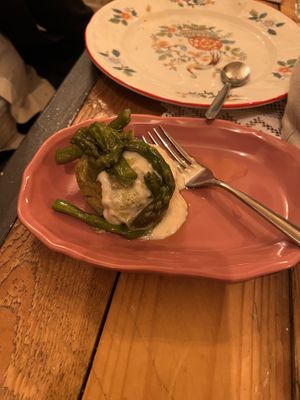 Asparagus soufflé. I didn’t know vegan soufflé was even possible and I’ve been vegan for 10 years    at Raparossa  in Pezze Di Greco