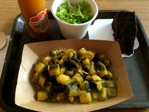 Zucchini tajine with black olives and preserved lemon, green salad and chocolate cake (all vegan) at Green Bear Coffee in Marseille