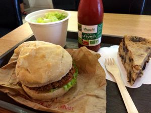Veggie burger on really nice homemade bun, green salad and prune cake (all vegan) at Green Bear Coffee in Marseille