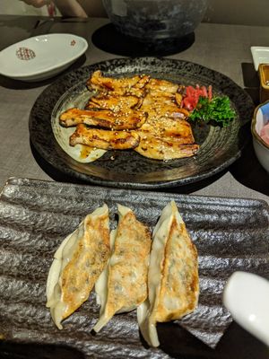 Dumplings and king oyster mushrooms at Herbivore Japanese Vegetarian Restaurant in Central Singapore