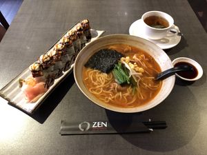 Spicy ramen and unagi sushi - great combination at Herbivore Japanese Vegetarian Restaurant in Central Singapore